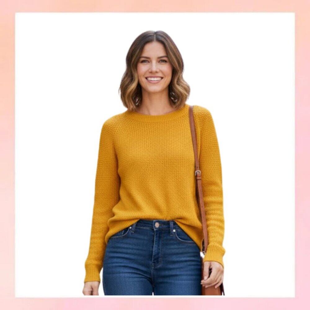 LOFT Waffle Knit Crewneck Sweater - Mustard Yellow (Size S)
